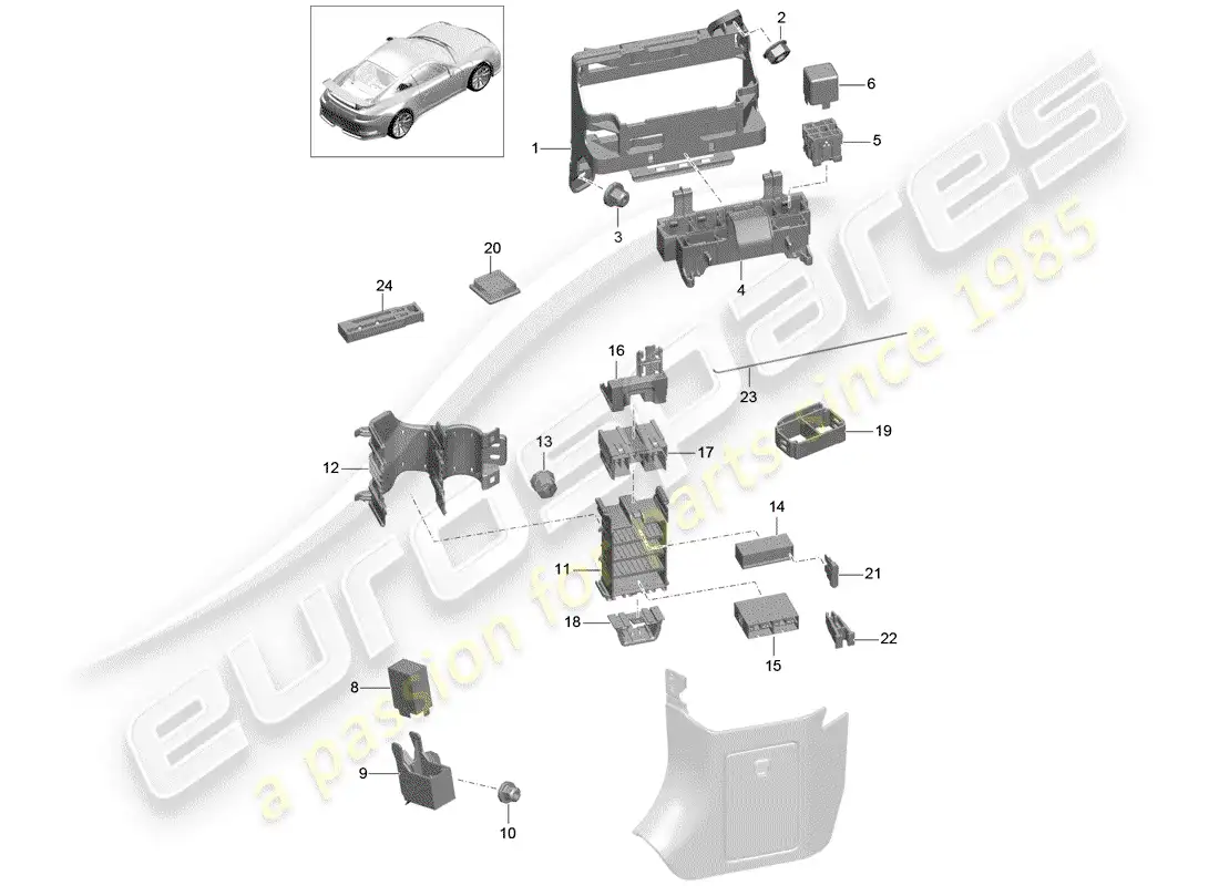 porsche 2014 (991-1 r/gt3/rs) fuse box/relay plate parts diagram