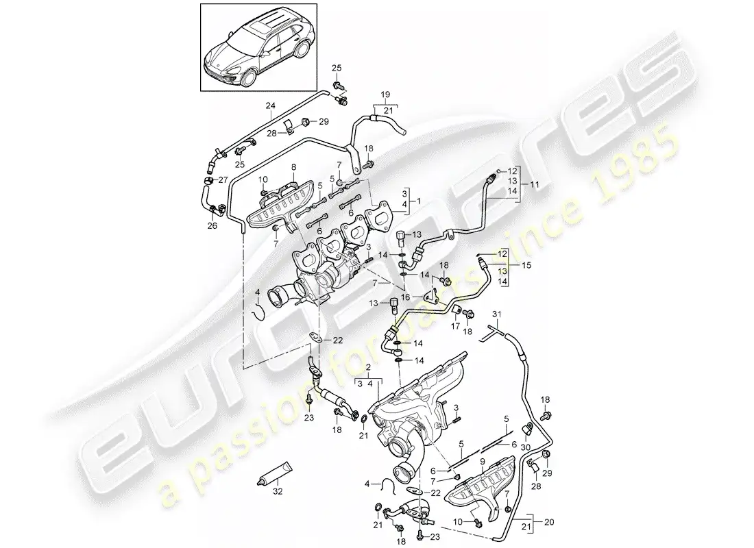 porsche 2016 (cayenne e2 92a) exhaust gas turbocharger parts diagram