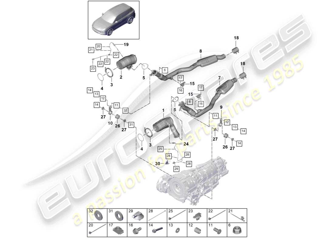 porsche 2022 (cayenne e3 9ya/9yb) exhaust system catalytic converter lambda probe part diagram