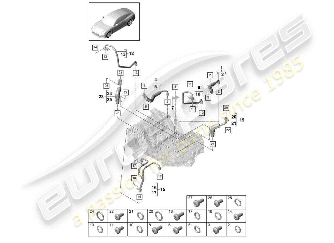 porsche 2021 (panamera 971-1) coolant cooling system for turbocharger oil pressure line for exhaust gas turbocharger part diagram