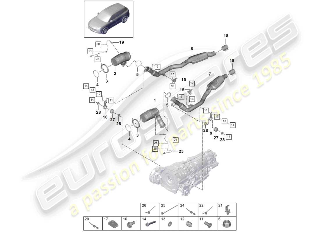 porsche 2024 (cayenne e3 9ya/9yb) exhaust system catalytic converter lambda probe catalytic converter part diagram