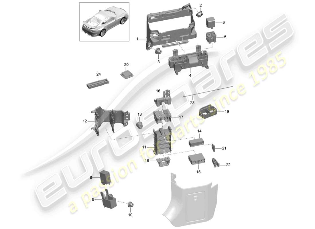 porsche 2021 (991-2 r/gt3/rs) central electrics dashboard part diagram