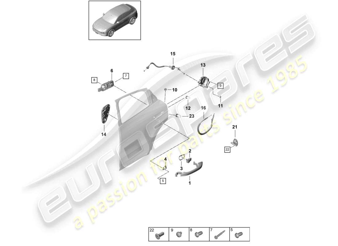 porsche 2024 (cayenne e3 9ya/9yb) door handle, exterior rear door lock coupe part diagram