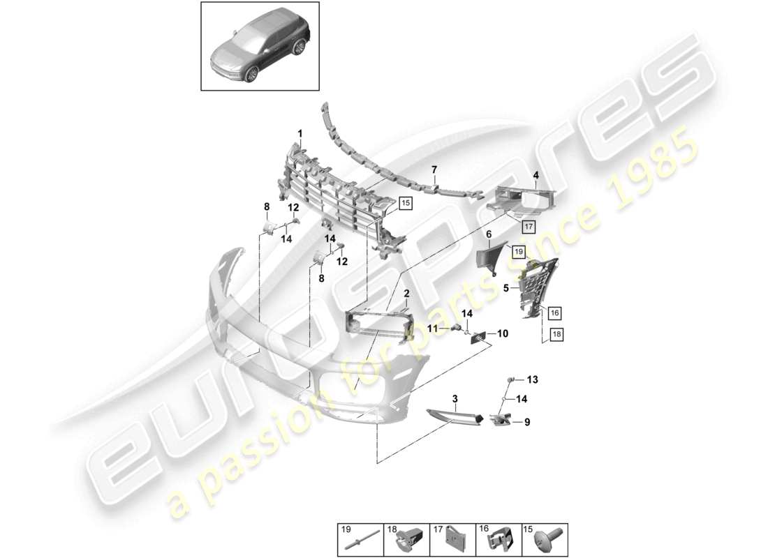 porsche 2022 (cayenne e3 9ya/9yb) bumper front individual parts carbon effect and fasteners sport design package part diagram