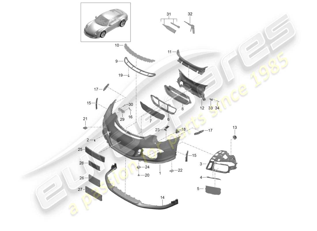porsche 2021 (991-2 r/gt3/rs) bumper front spoiler part diagram