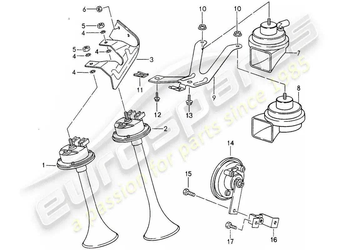 porsche 1997 (993) fanfare horn - horn parts diagram