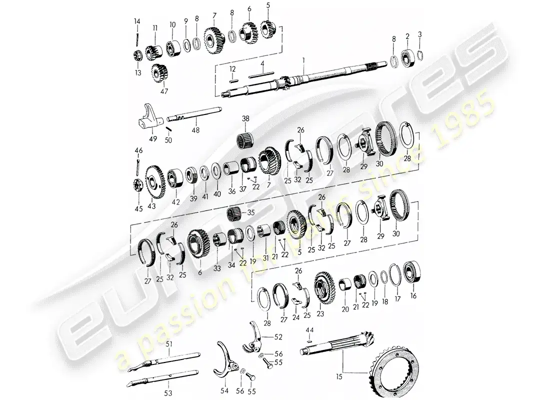 porsche 1953 (356/356a) gears and shafts - for - transmission parts diagram