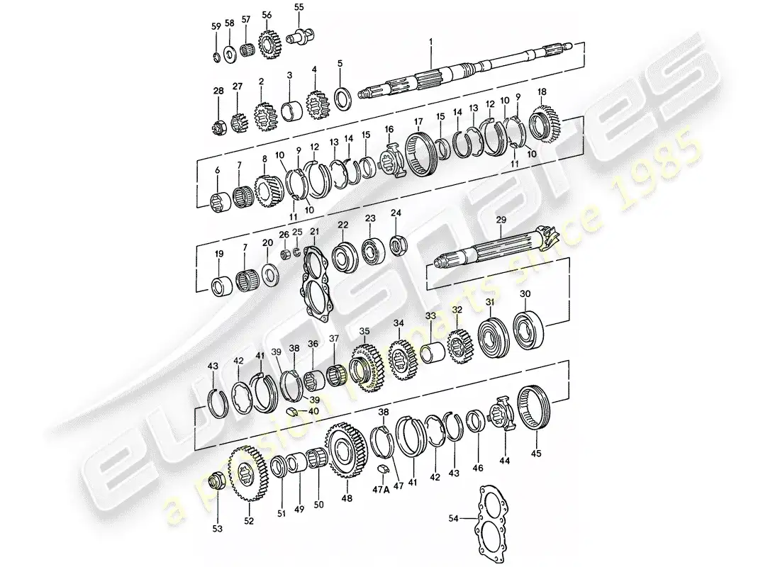 porsche 1987 (911) gears and shafts - 4-speed parts diagram