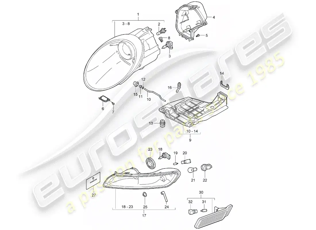 porsche 2008 (997-1) headlamp parts diagram