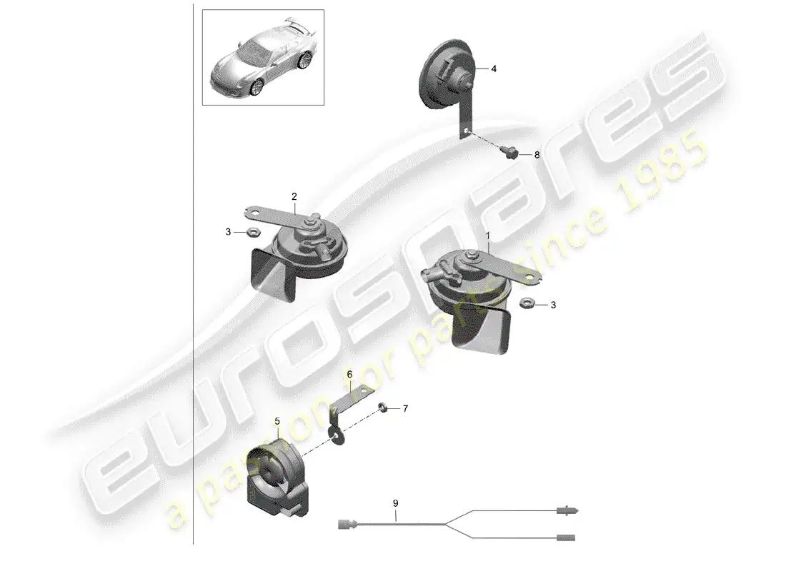 porsche 2016 (991-1 r/gt3/rs) fanfare horn parts diagram