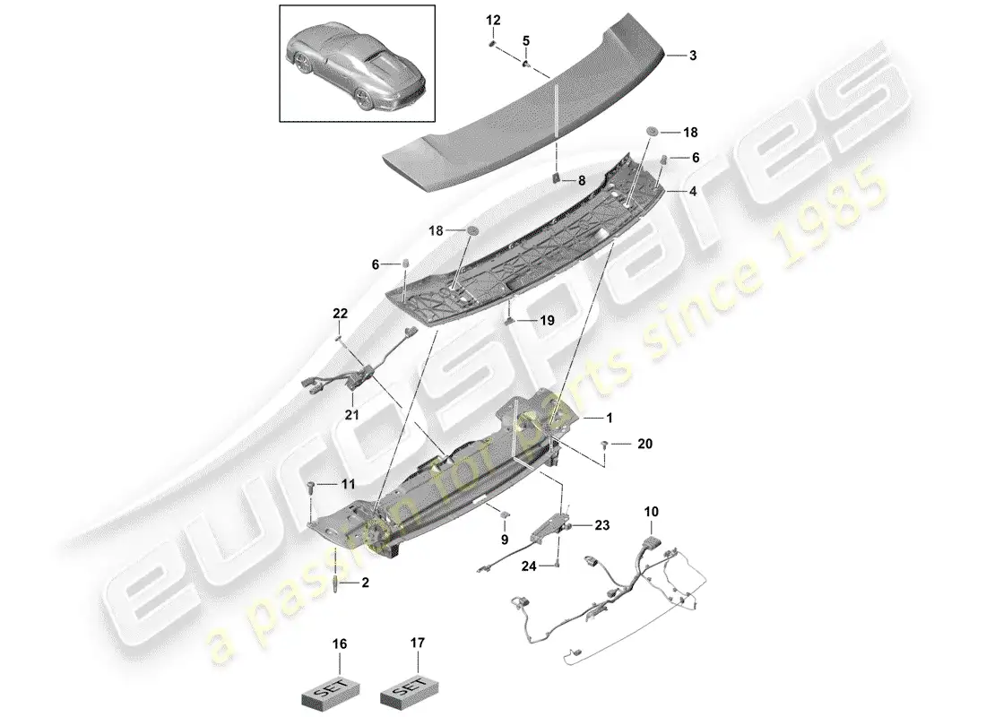 porsche 2016 (991-1 r/gt3/rs) rear spoiler parts diagram