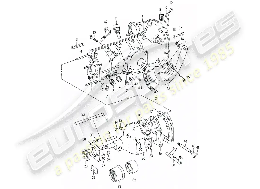 porsche 1959 (356/356a) transmission case - with: - transmission suspension parts diagram