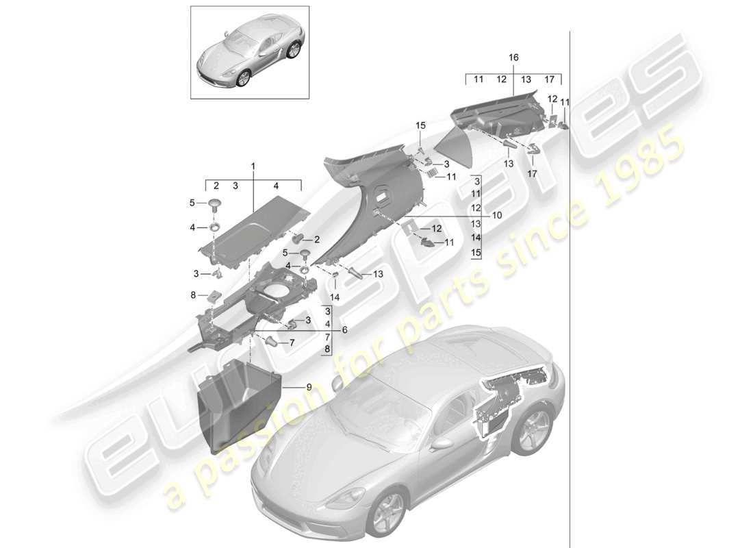porsche 2024 (718 cayman) trims side rear engine bay and engine bay part diagram