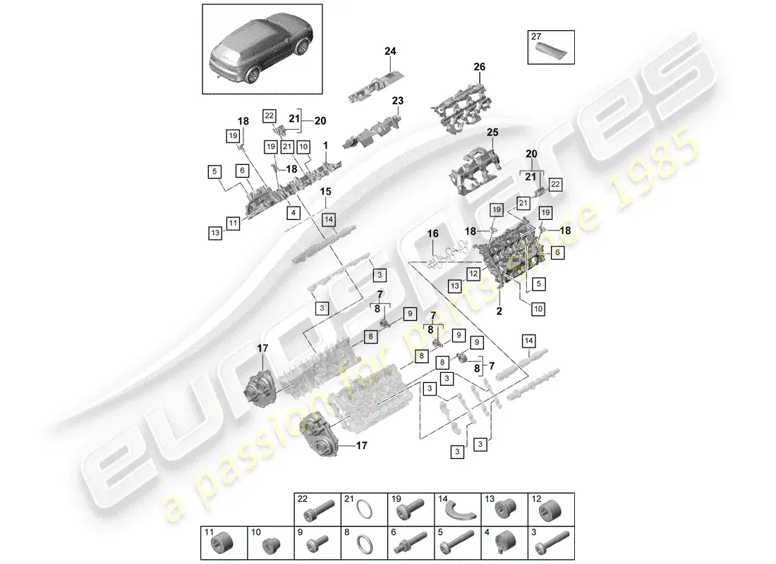 porsche 2020 (cayenne e3 9ya/9yb) cylinder head cover parts diagram
