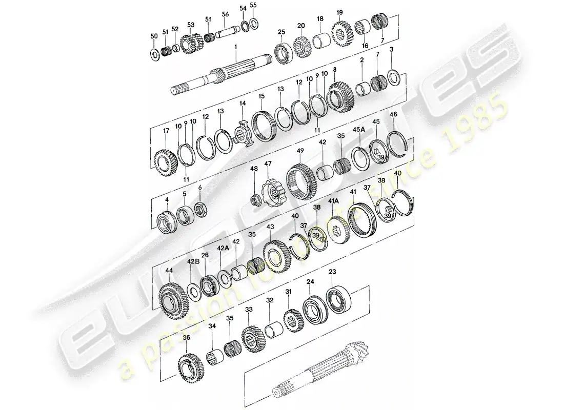 porsche 1980 (924) gears and shafts - manual gearbox - g31.01/02/03 parts diagram