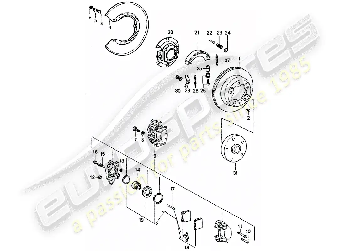 porsche 1976 (911 turbo) disc brakes - handbrake parts diagram