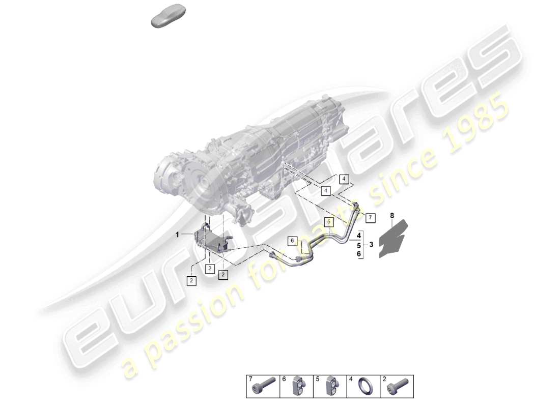 porsche 2026 (cayenne e3 pa) 8-speed automatic gearbox for vehicles with hybrid drive gear oil cooler oil pipe part diagram