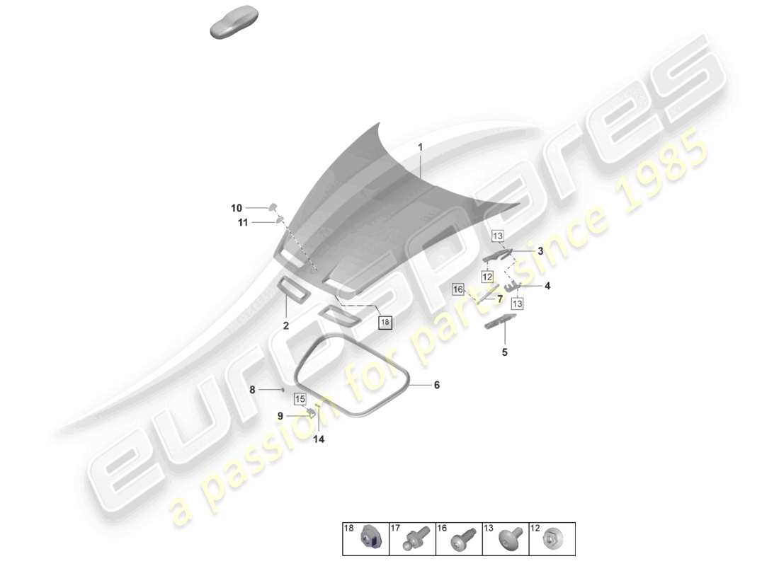 porsche 2023 (992-1 gt3/rs/st) bonnet part diagram