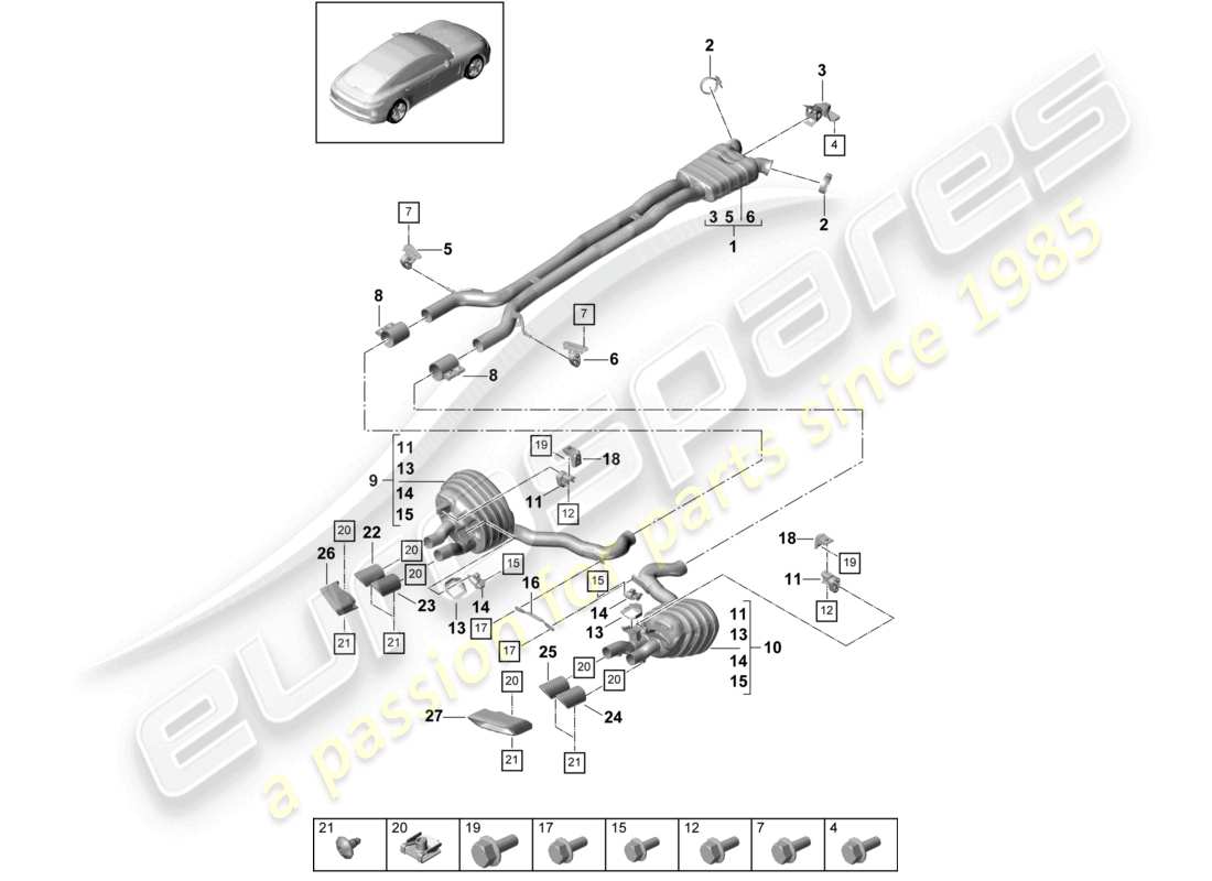 porsche 2021 (panamera 971-1) exhaust system front silencer rear silencer tailpipe part diagram