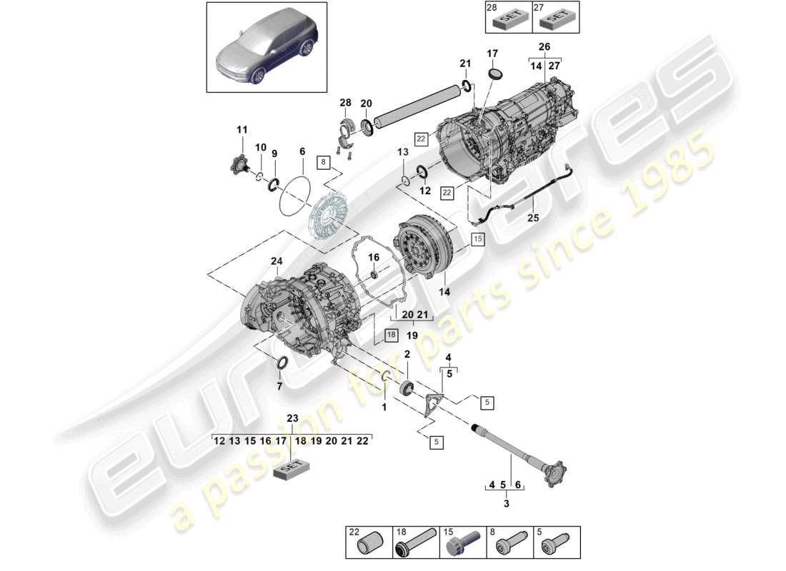 porsche 2022 (cayenne e3 9ya/9yb) 8-speed automatic gearbox for vehicles with hybrid drive flanged shaft converter part diagram