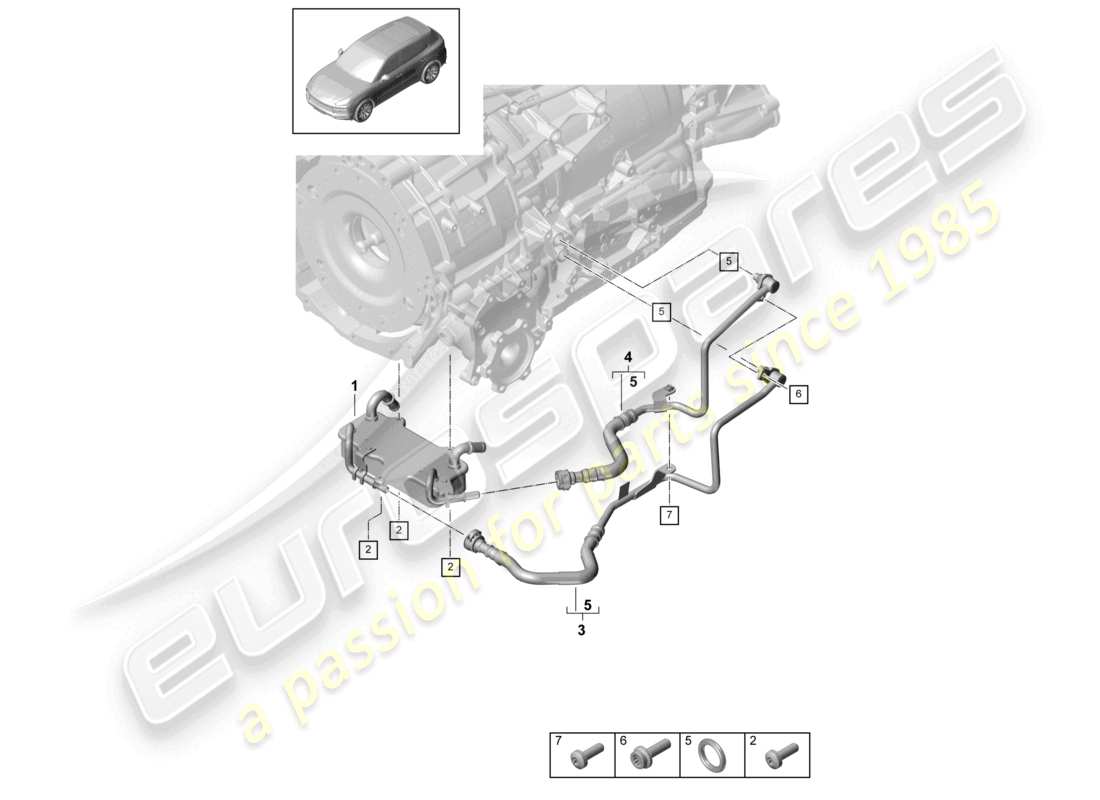 porsche 2024 (cayenne e3 9ya/9yb) 8-speed automatic gearbox for vehicles with hybrid drive gear oil cooler oil pipe part diagram