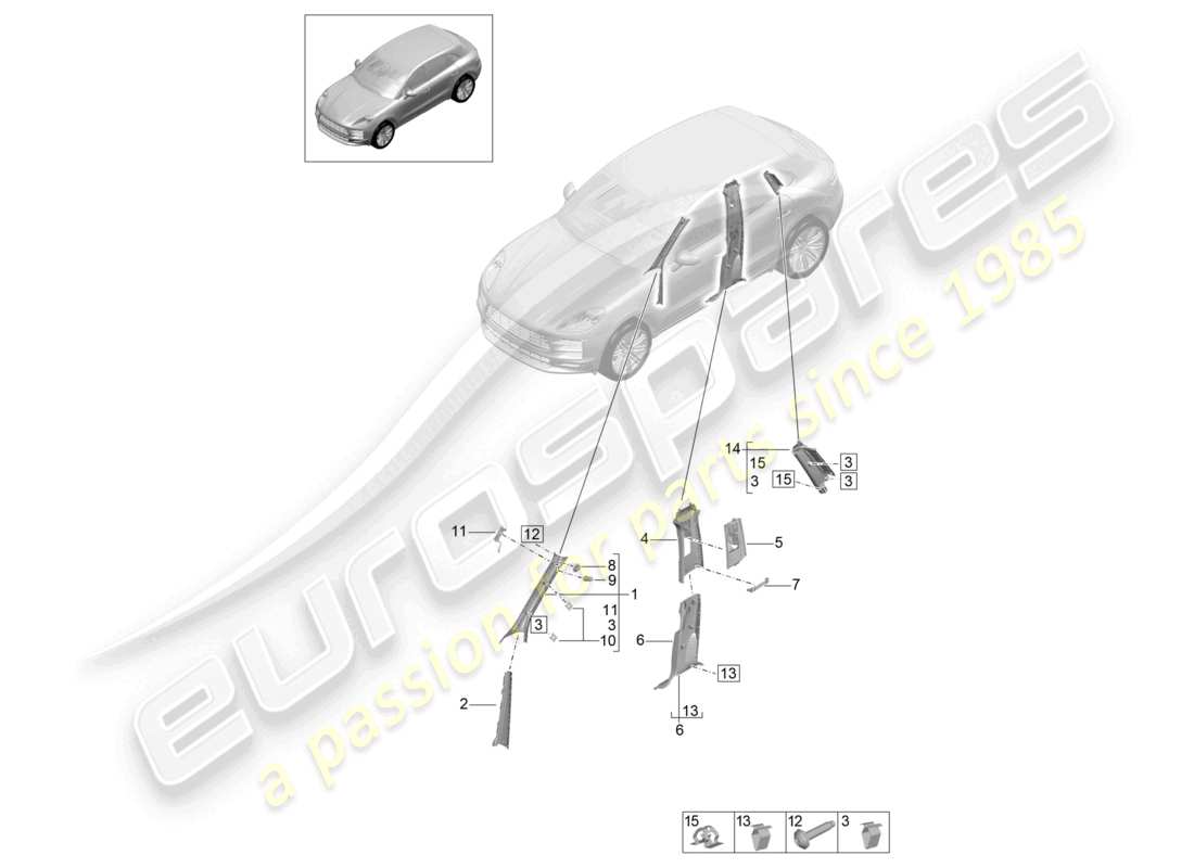 porsche 2021 (macan) a-pillar trim upper b-pillar trim c-pillar trim parts diagram