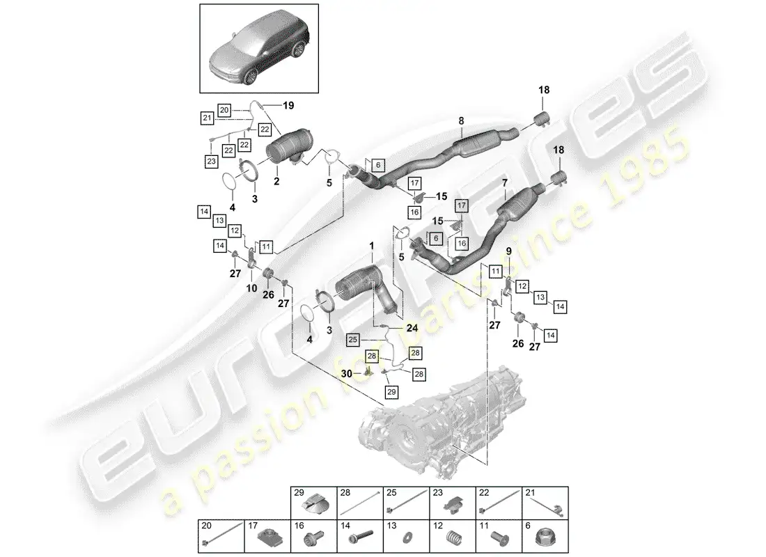 porsche 2019 (cayenne e3 9ya/9yb) exhaust system parts diagram