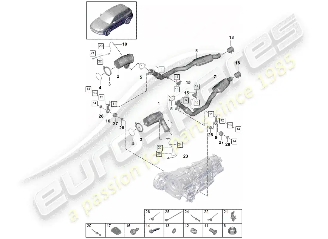 porsche 2019 (cayenne e3 9ya/9yb) exhaust system parts diagram