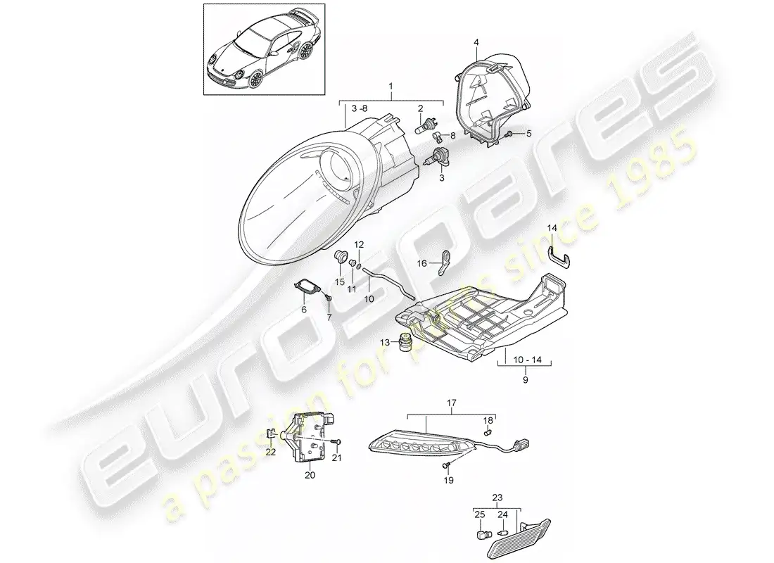 porsche 2012 (997-2 turbo / gt2 rs) headlamp parts diagram