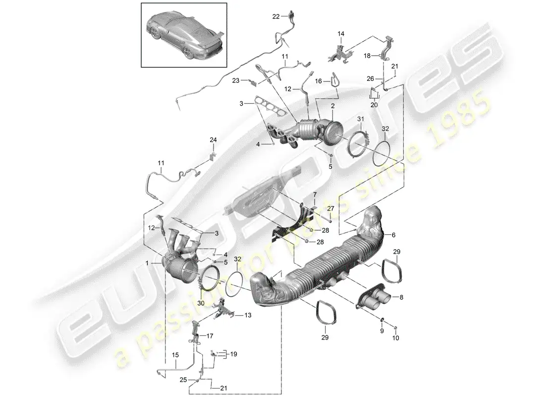 porsche 2016 (991-1 r/gt3/rs) exhaust system parts diagram