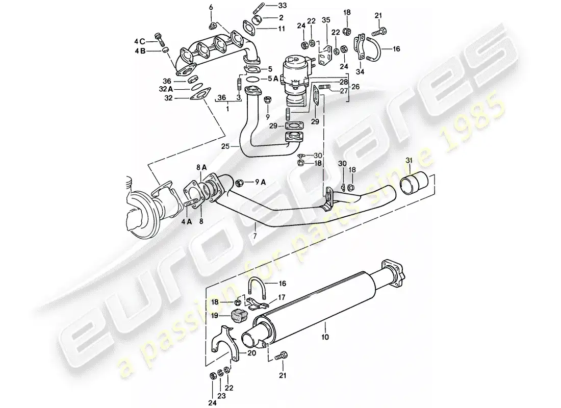 porsche 1979 (924) exhaust system - exhaust silencer, front parts diagram