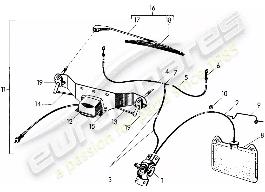 porsche 1952 (356/356a) windshield washer unit - windscreen wiper system parts diagram