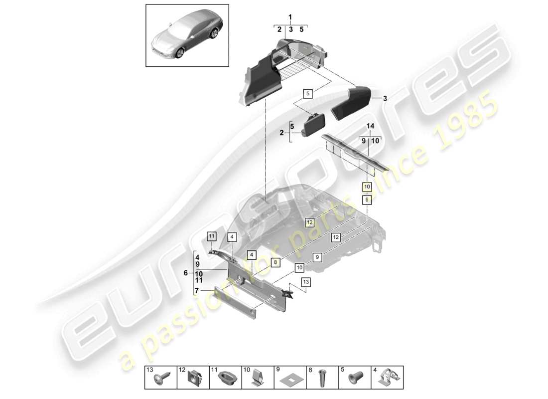 porsche 2021 (panamera 971-1) luggage compartment trim side parts diagram
