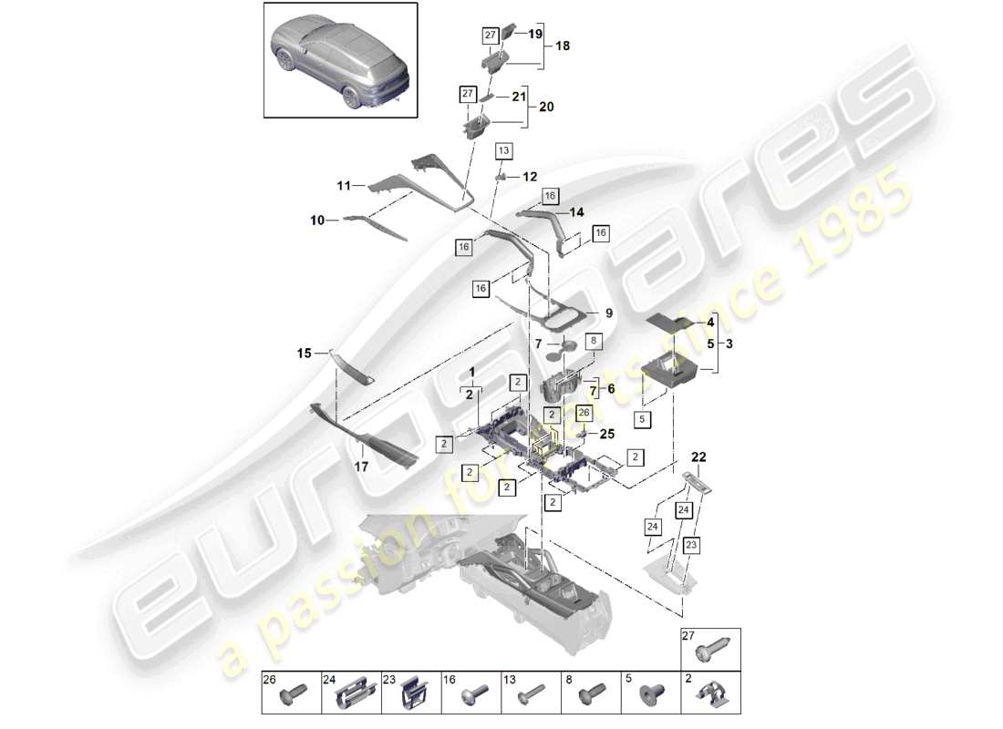 porsche 2022 (cayenne e3 9ya/9yb) centre console upper part diagram