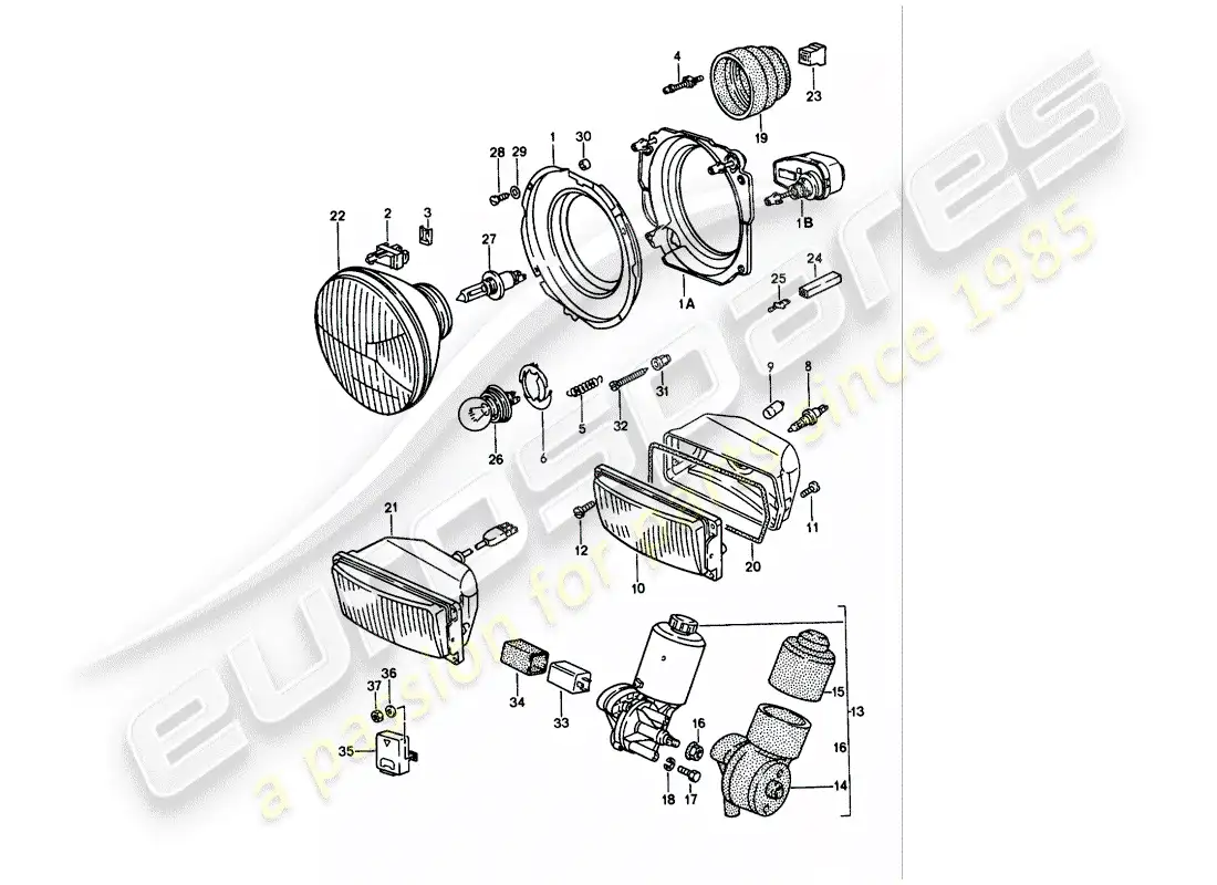 porsche 1988 (944) headlamp - electric motor - pop-up headlight parts diagram