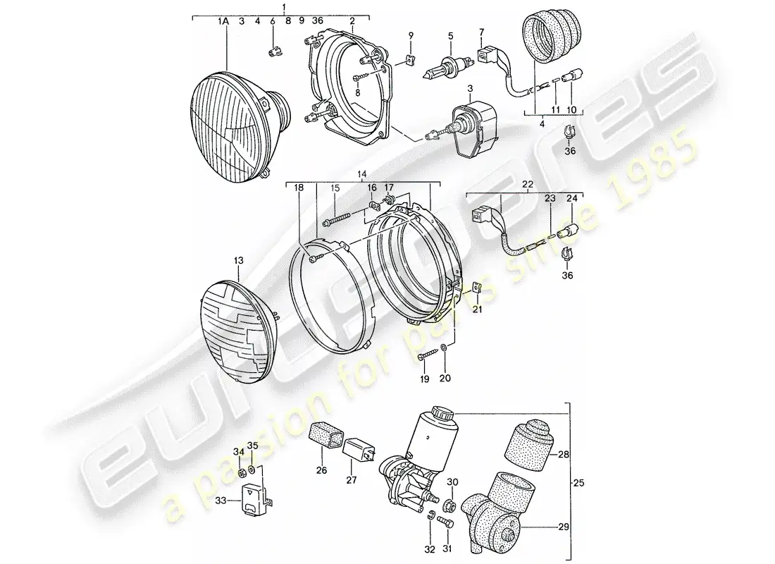 porsche 1990 (944) headlamp - electric motor - pop-up headlight parts diagram