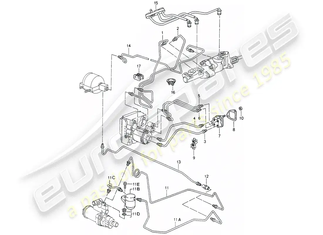 porsche 1998 (993) brake lines - front end - - d - mj 1995>> parts diagram