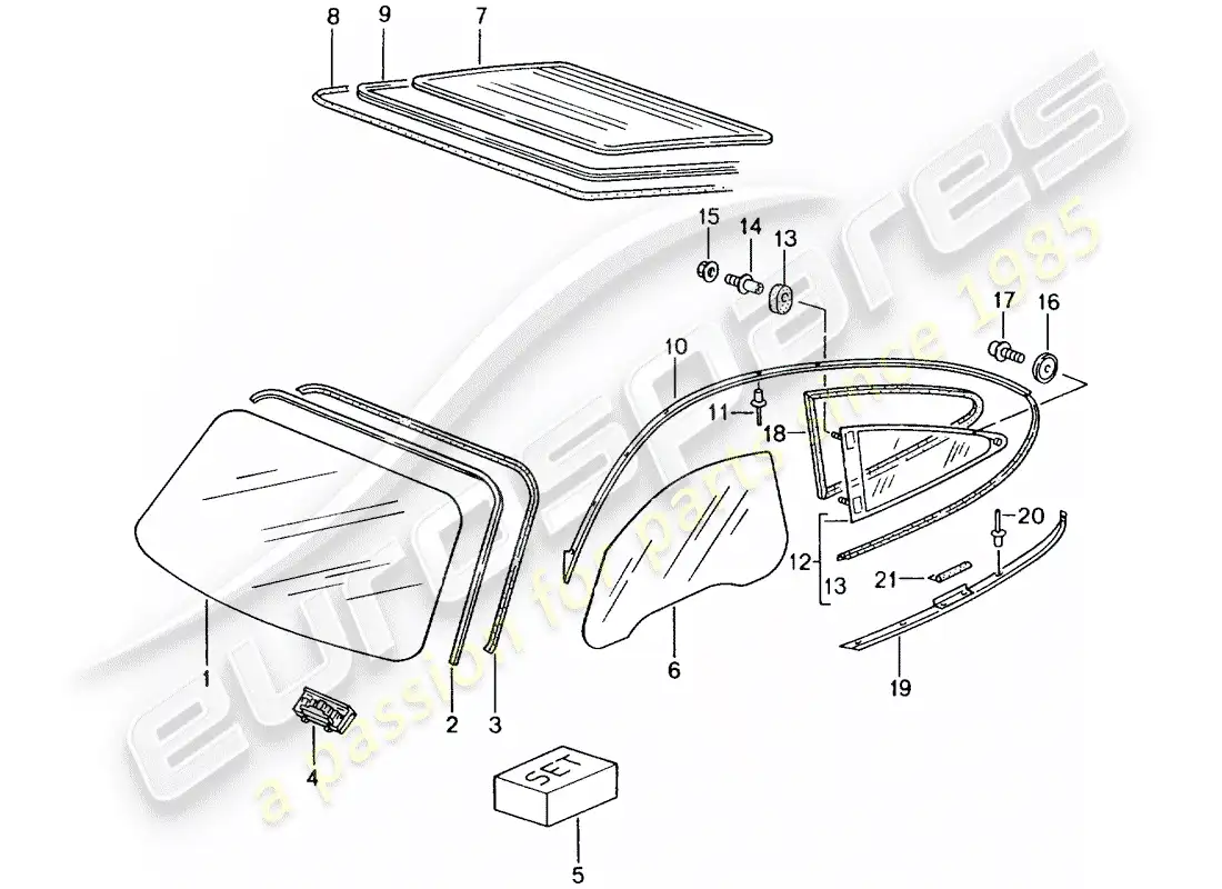 porsche 2005 (996 gt3) window glazing parts diagram