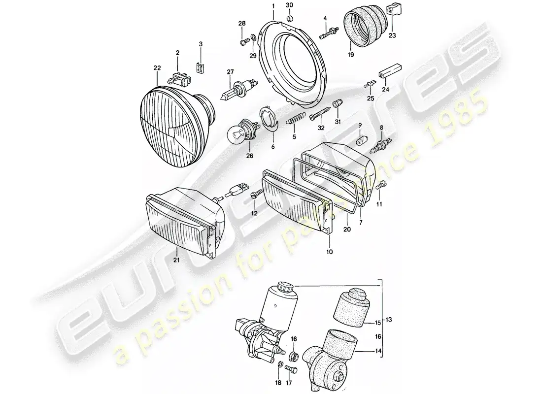 porsche 1982 (944) headlamp - electric motor - pop-up headlight parts diagram