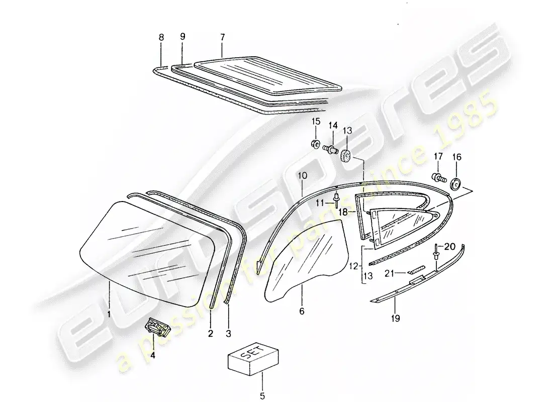 porsche 2002 (996) windshield glass - rear window glass - side window parts diagram