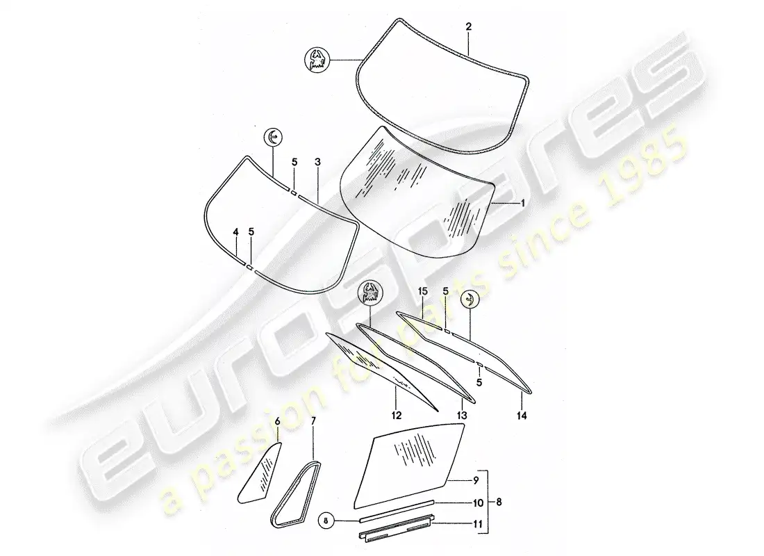 porsche 1975 (911 turbo) window glazing parts diagram