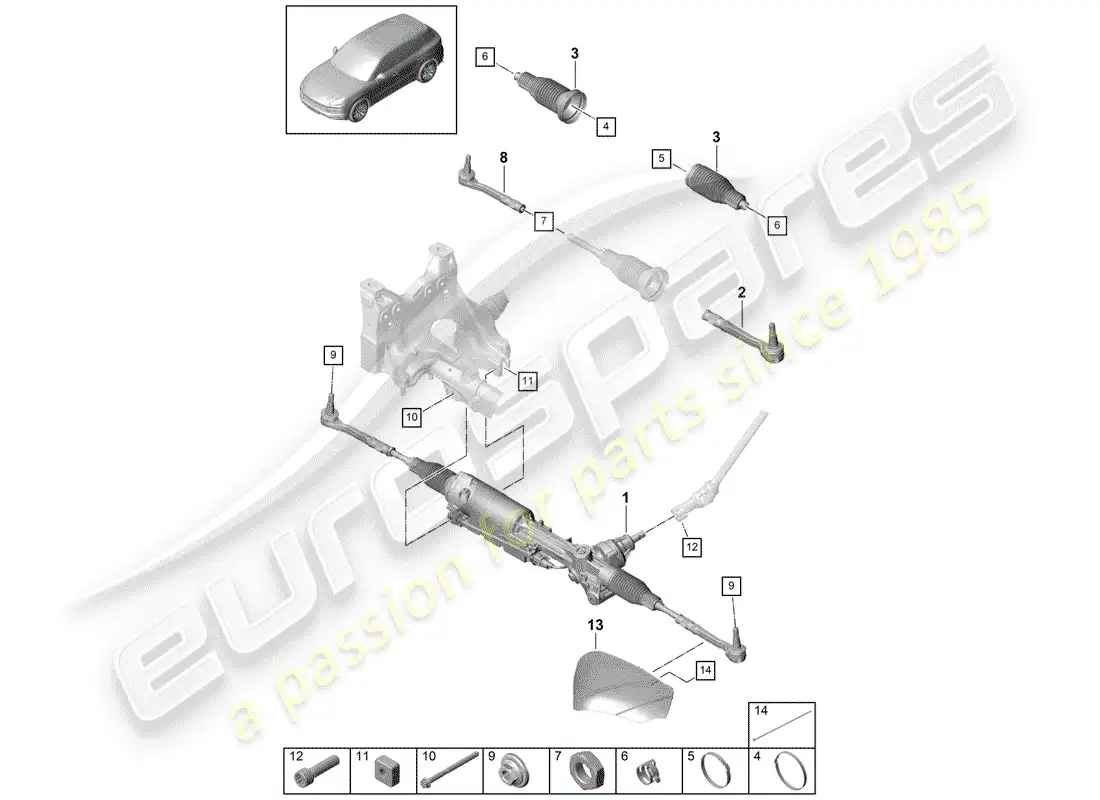 porsche 2018 (cayenne e3 9ya/9yb) steering gear parts diagram
