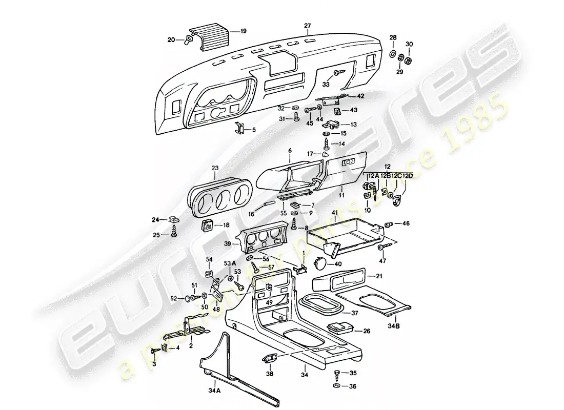 porsche 1986 (924s) dashboard - center console parts diagram