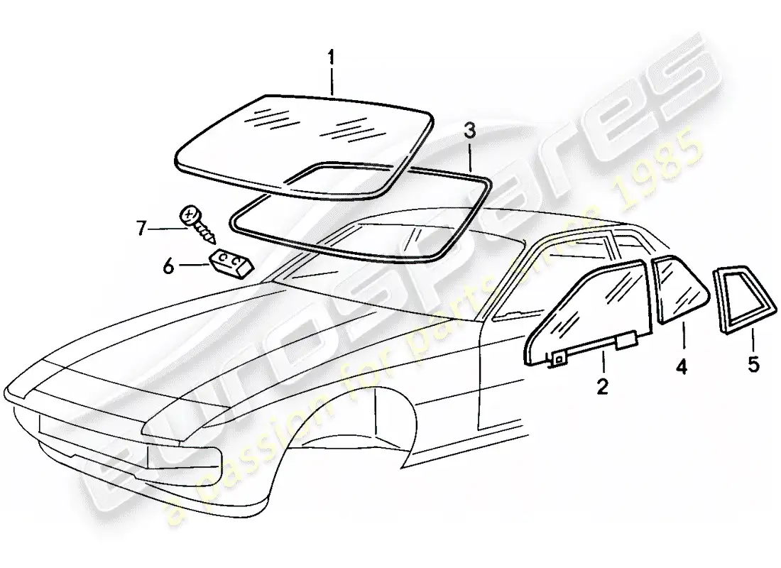 porsche 1988 (924s) window glazing parts diagram