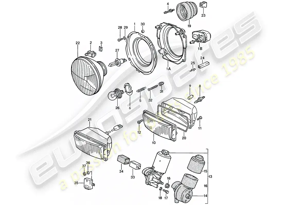 porsche 1987 (924s) headlamp - electric motor - pop-up headlight parts diagram
