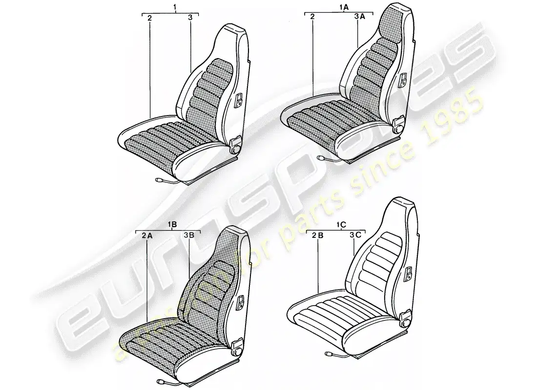 porsche 1988 (924s) front seat - complete parts diagram