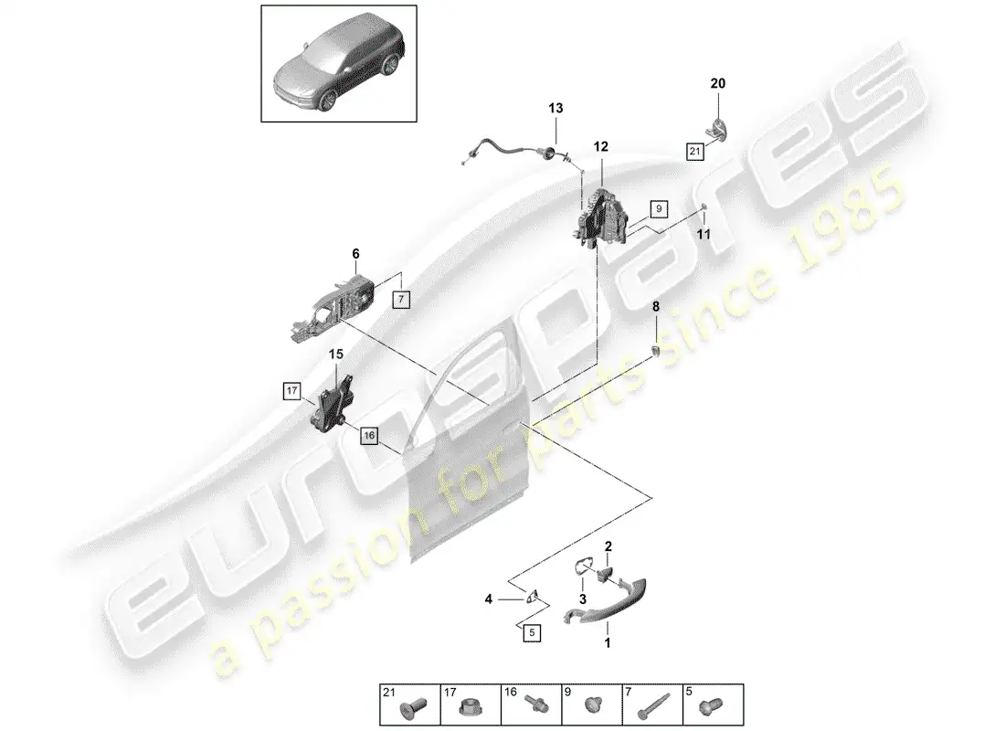 porsche 2020 (cayenne e3 9ya/9yb) door handle, outer part diagram