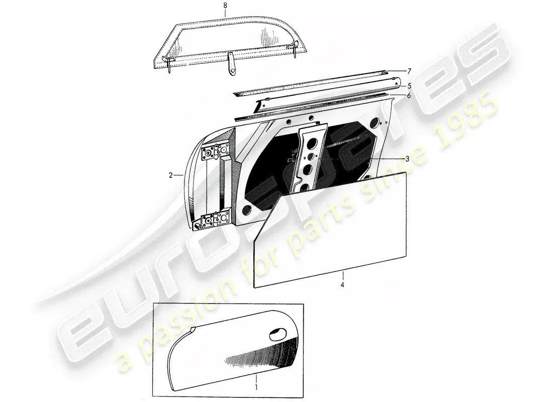 porsche 1954 (356/356a) door - with: - accessories parts diagram