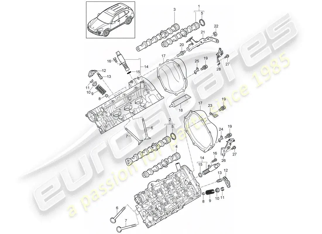 porsche 2013 (cayenne e2 92a) camshaft, valves parts diagram