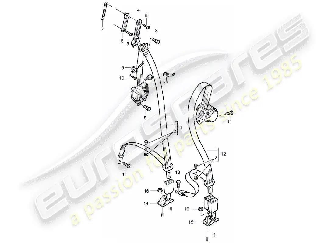 porsche 2004 (cayenne e1 9pa) three-point seat belt parts diagram